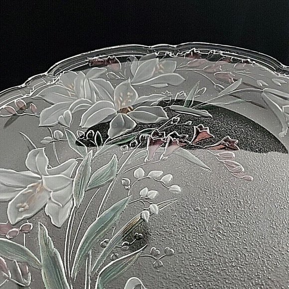 Elegant Clear Glass Large 14 1/2" Platter Serving Plate Etched Colored Flowers - Picture 3 of 4